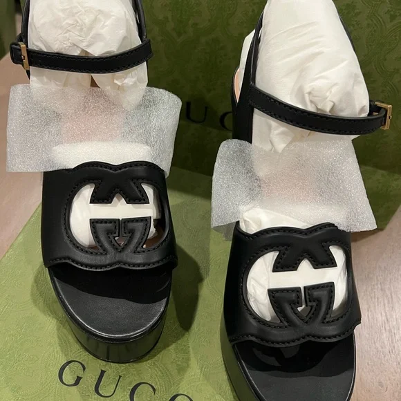 GUCCI Women's Interlocking G Cut-Out Platform Sandals Leather Black - Picture 8 of 12